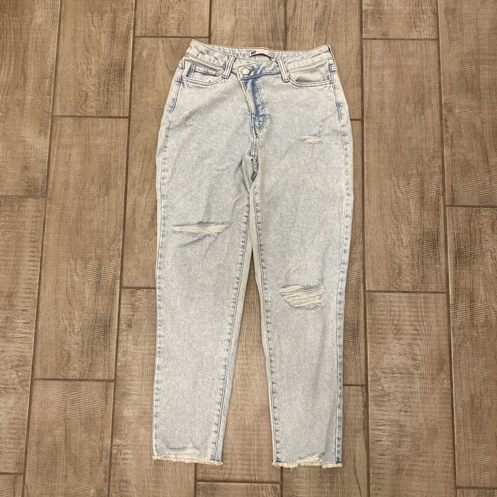 SO High Rise Mom Jeans Women 3/26W Blue Denim Light Wash Distressed Frayed Hem